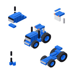 Concept with blue tractor made of plastic bricks. Vector