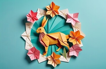 Easter theme, spring flowers and rabbit. The concept of the postal card, congratulatory cards. Origami style. Illustration by Generation AI.