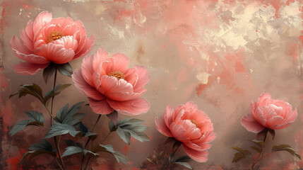 Coral Peony Flowers Emerge on Abstract Textured Rust Background