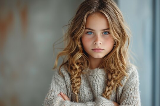 A stunning portrait captures the essence of a confident young woman with braids and piercing blue eyes, showcasing her layered brown hair and fashionable clothing in an indoor photo shoot