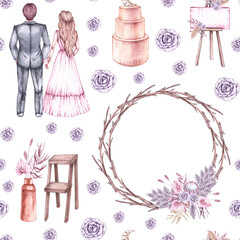Watercolor wedding pattern with newlyweds and wedding arch and accessories in pastel shades in boho style