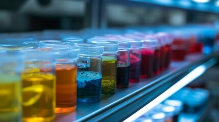 Coloured liquids and molecules inside a glass flasks in laboratory