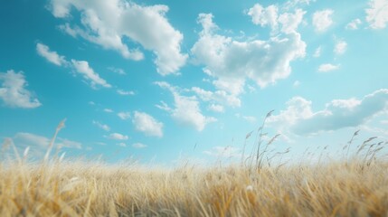 Fototapeta premium Idyllic Nature Scene with Golden Wheat Field Under a Sunny Blue Sky with Fluffy Clouds