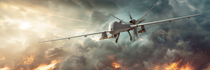 Generic Unmanned aerial vehicle drone launching missiles to military target as wide banner - Powered by Adobe