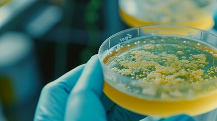 Hand holds petri dish with various gold bacterias