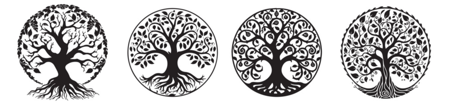 Tree of Life vector set, black and white amazing graphics,