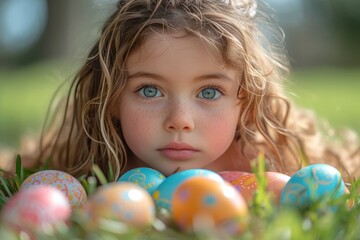 Fototapeta na wymiar A young girl gazes at the colorful easter eggs scattered in the lush green grass, her innocent face radiating joy and wonder in the serene outdoor portrait