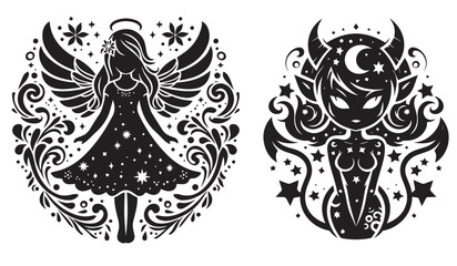 Angel and Devil girl with stars set, black and white amazing vector graphics