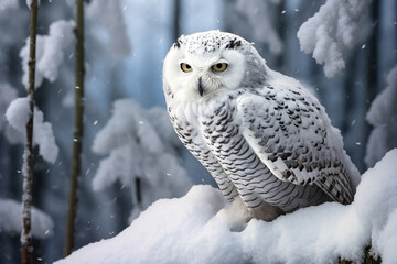 Snowy owl on a tree branch