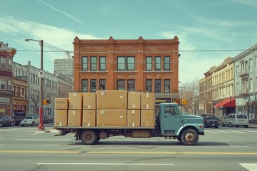 A sturdy truck, laden with boxes, stands parked under the vast sky, its wheels firmly planted on the road surface as it awaits its next journey through the bustling city streets of the neighbourhood