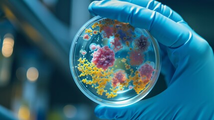 Hand holds petri dish with various coloured bacterias