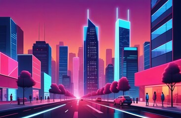 A romantic evening on the streets of the modern city. Illustration by Generative AI.