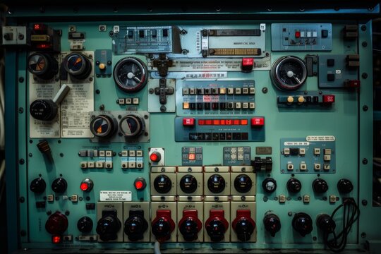 Close-up view of a complex machine panel in an industrial setting, showcasing a myriad of buttons, switches, and indicator lights