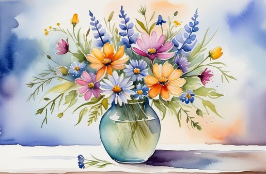 Still life of wildflowers. Concept of gift card, post card. Watercolor illustration by Generative AI.