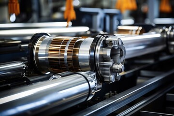 A Detailed View of a Conveyor Roller, Essential for Industrial Manufacturing Processes, Surrounded by Metallic Structures and Mechanical Components - obrazy, fototapety, plakaty