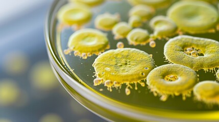 Closeup of petri dish with various gold bacterias
