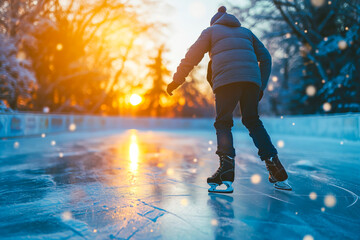Man ice skating on ice rink in winter at sunset outside, golden hour - obrazy, fototapety, plakaty