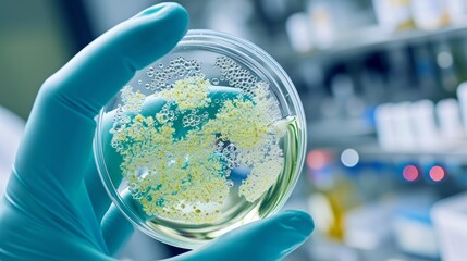 Hand holds petri dish with various green bacterias at laboratory
