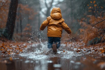 A young explorer braves the winter elements, splashing through a rain-soaked puddle in their trusty jacket, determined to make the most of the great outdoors