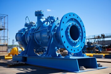Fototapeta premium A heavy-duty slurry pump in operation at an industrial site, with a backdrop of steel structures, pipes, and a clear blue sky