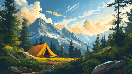 Camping in the mountains. Vector illustration of a summer landscape.
