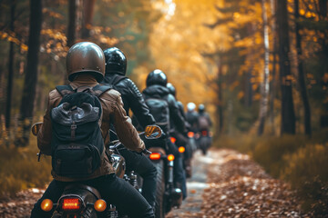 group of bikers riding through a forest. The riders are wearing helmets and leather jackets, and...