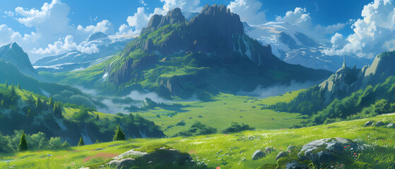 Anime Cartoon Lush Landscape with Clouds