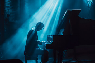 Man playing a piano on stage with cinematic-looking blue atmosphere
