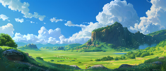Anime Cartoon Lush Landscape with Clouds
