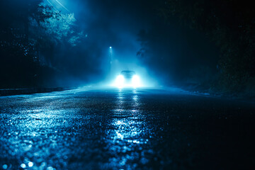 Midnight road or alley with a car driving away in the distance. Wet hazy asphalt road. A crime...