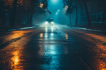 Midnight road or alley with a car driving away in the distance. Wet hazy asphalt road. A crime...