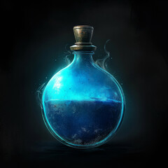 Blue magical potion flask with mystical elements. Magic elixir bottle by Generative AI