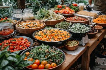 A vibrant and bountiful display of fresh, local produce and whole foods adorns the table, inviting us to indulge in a variety of vegan and vegetarian options at this bustling marketplace - obrazy, fototapety, plakaty