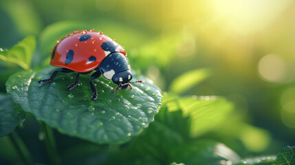 A beautiful ladybug in nature on a dewy green leaf illuminated by the strong morning sun