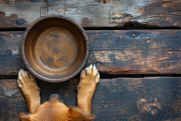 Top shot of a dog's paws and its empty food bowl on a rustic wooden floor