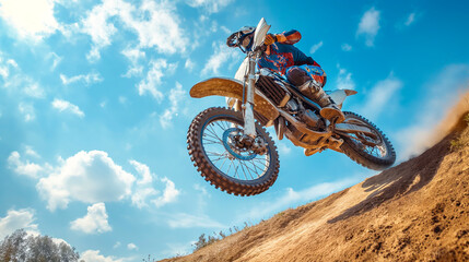 An offroad motocross motor bike, in mid air during a jump with a dirt trail with blue sky