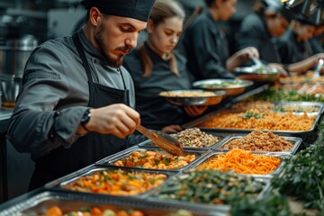 A casually dressed man prepares a mouth-watering fast food meal for a group of people in a bustling indoor market kitchen, with a wide array of delicious buffet options in the background