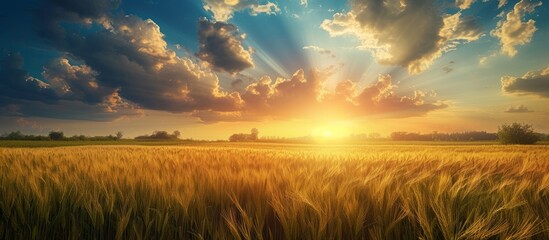 Rural landscape featuring a wheat field beneath a stunning summer sky adorned with clouds. - Powered by Adobe