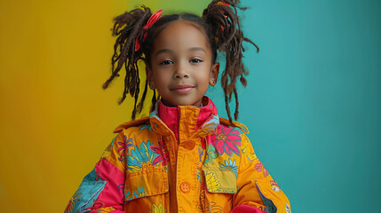 Adorable little black girl in a modern fashion edition with a colorful design and cheerful colors of the studio background