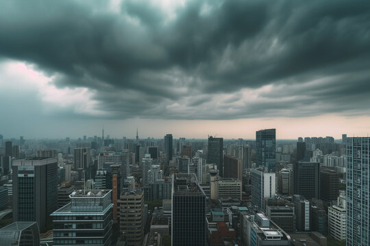 City skyline with rainclouds rolling in, capturing the dynamic and moody atmosphere of April weather