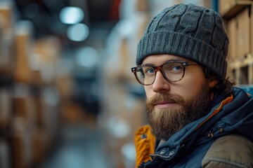 A stylish man with a rugged beard and glasses, bundled up in a beanie and jacket, stands confidently on a busy street surrounded by buildings, exuding a sense of urban coolness in his winter street f