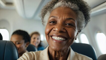Smiling elderly black woman takes a selfie on airplane, showcasing her joy and radiance, with passengers in the background.