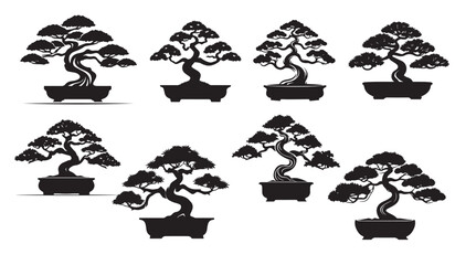 set of Bonsai, Black silhouette of bonsai.  Vector illustration. Decorative arts. Mini tree in pot.