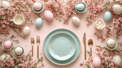 Obraz na płótnie Canvas Easter celebration concept. Top view vertical photo of empty dishes easter eggs cutlery baking molds and easter bouquet on isolated pastel beige background 