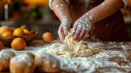 man's hands knead the dough for baking bread in the bakery