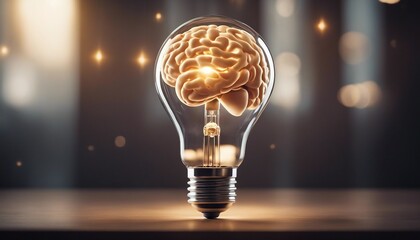 Brain inside a light bulb on a wooden table. 3d rendering