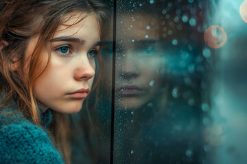 Portrait of a beautiful young sad and depressed girl with blank stare, looking out of the window with raindrops on the glass window on a rainy day
