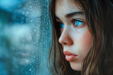 Portrait of a beautiful young sad and depressed girl, looking out of the window with raindrops on the glass window on a rainy day