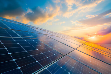 Solar energy panels at sunset or sunrise