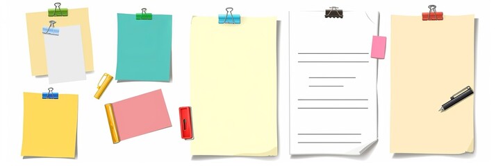 Note paper with pin, binder clip, push pin, adhesive tape and tack. Blank sheet, sticky note, torn piece of paper and notebook page. Templates for a note message. Vector illustration. 